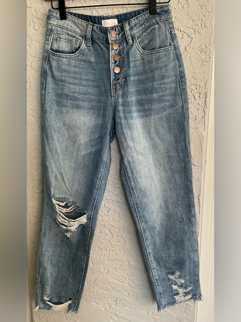 Pink Lily Women’s Light Wash Distressed High-Rise Boyfriend Jeans-